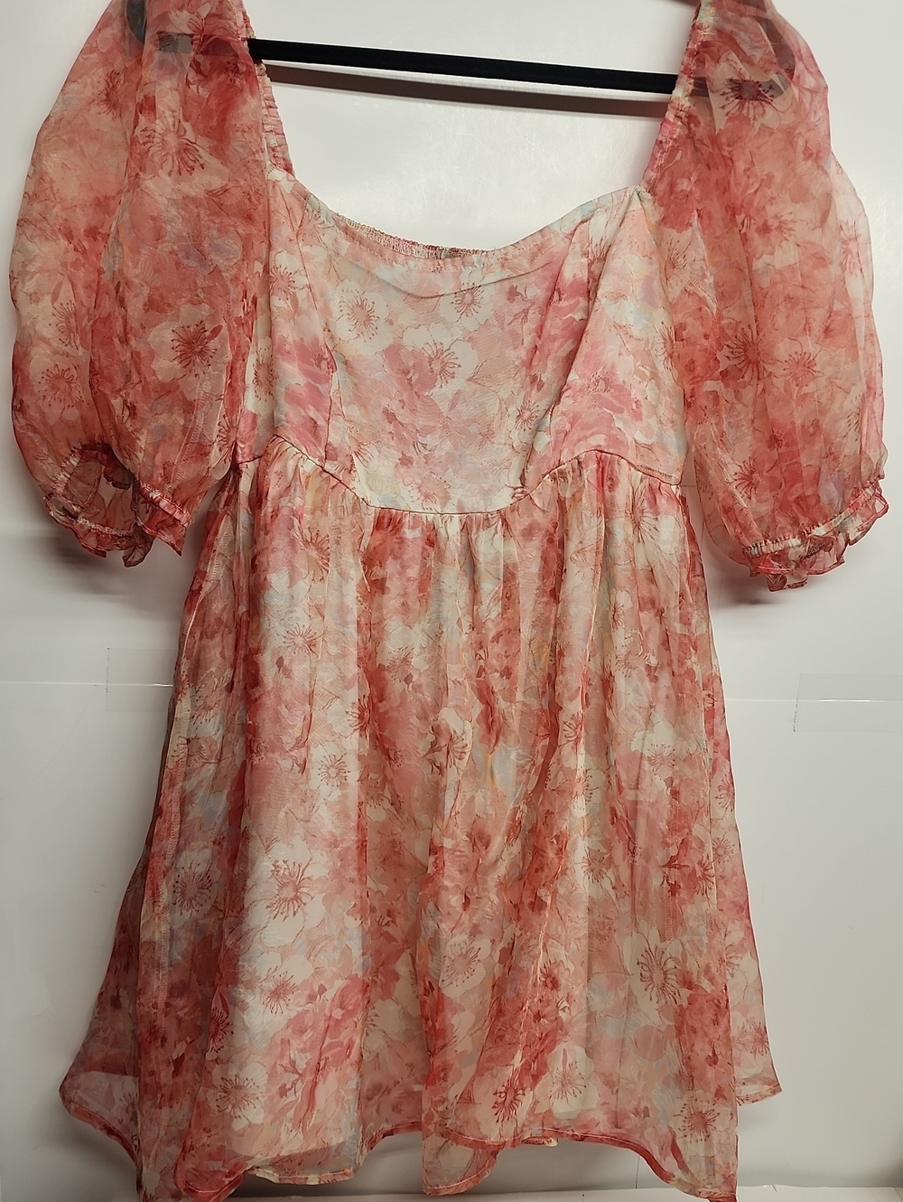 Audrey Parks Francescas Sheer Floral Puff Sleeve Blouse in Peach Pink Gardencore